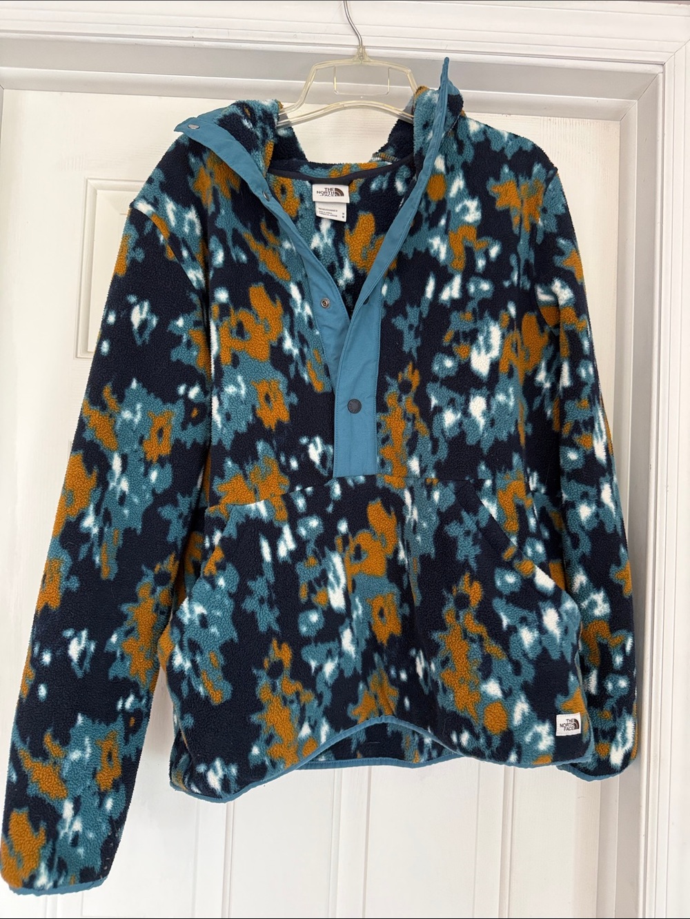 The North Face Teal, Rust & White Patterned Fleece Pullover